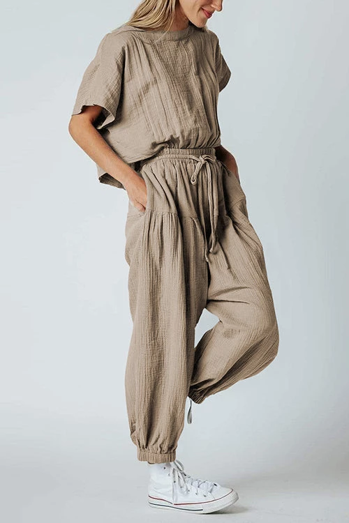 Levency Slit Back Solid Drawstring Jumpsuit 14 Levency Slit Back Solid Drawstring Jumpsuit