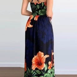 Levency Tropical Print Slit Crisscross Backless Maxi Dress New In