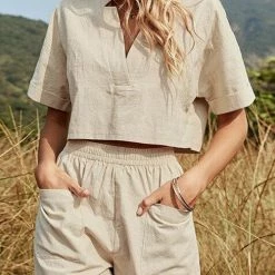Levency New In V Neck Crop Blouse Pockets Shorts Set