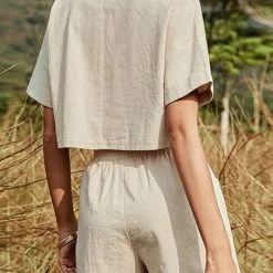 Levency New In V Neck Crop Blouse Pockets Shorts Set