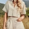 Levency New In V Neck Crop Blouse Pockets Shorts Set