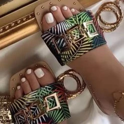 Levency Print Rivets Chains Flat Slipper New In