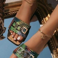 Levency Print Rivets Chains Flat Slipper New In