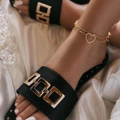 Levency Print Rivets Chains Flat Slipper New In