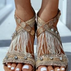 Levency Rhinestone Tassels Flat Sandals