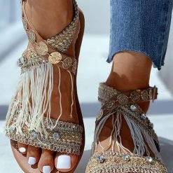Levency Rhinestone Tassels Flat Sandals