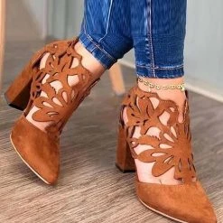 Levency Hollow Pointed Toe Chunky Heel Sandals New In