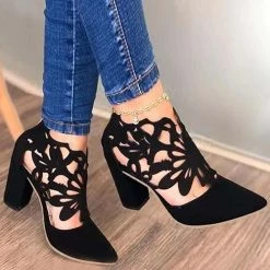 Levency Hollow Pointed Toe Chunky Heel Sandals New In