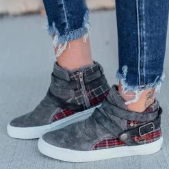 Levency New In Plaid Buckle Zipper Flat Boots