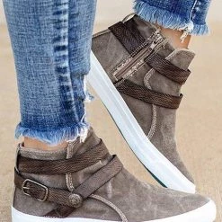 Levency New In Plaid Buckle Zipper Flat Boots