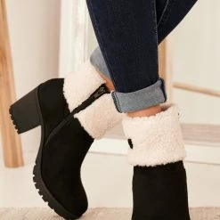 Levency Sherpa Cuff Chunky Heel Booties New In