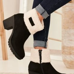 Levency Sherpa Cuff Chunky Heel Booties New In