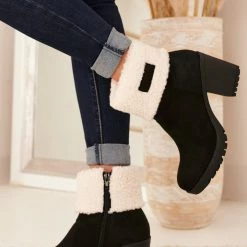 Levency Sherpa Cuff Chunky Heel Booties New In