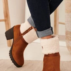 Levency Sherpa Cuff Chunky Heel Booties New In