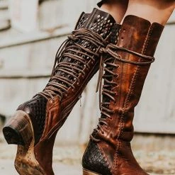 Levency Lace Up Chunky Heel Cross Strap High Boots New In