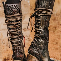 Levency Lace Up Chunky Heel Cross Strap High Boots New In