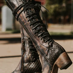 Levency Lace Up Chunky Heel Cross Strap High Boots New In