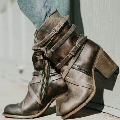 Levency Vintage Buckle Zipper Mid-Calf Boots