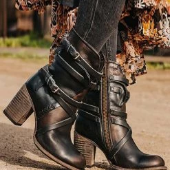 Levency Vintage Buckle Zipper Mid-Calf Boots