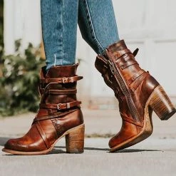 Levency Vintage Buckle Zipper Mid-Calf Boots