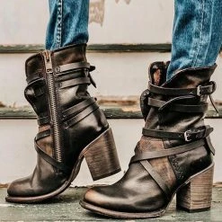 Levency Vintage Buckle Zipper Mid-Calf Boots