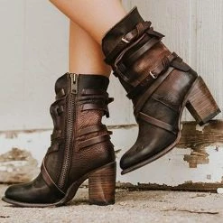 Levency Vintage Buckle Zipper Mid-Calf Boots