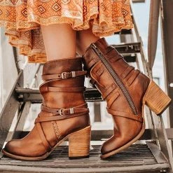 Levency Vintage Buckle Zipper Mid-Calf Boots
