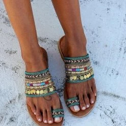 Levency New In Boho Metal Tassels Flat Slipper