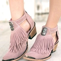 Levency Hollow Tassels Chunky Heels Ankle Boots New In
