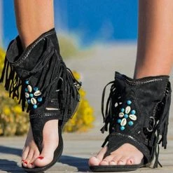 Levency Tassel Beaded Toe Post Flat Sandals