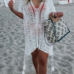 Levency New In Loose Hollow Half Sleeve V Neck Cover-Up