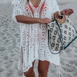 Levency New In Loose Hollow Half Sleeve V Neck Cover-Up