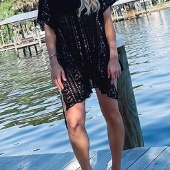 Levency New In Loose Hollow Half Sleeve V Neck Cover-Up