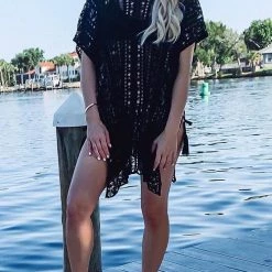 Levency New In Loose Hollow Half Sleeve V Neck Cover-Up