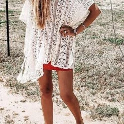 Levency New In Loose Hollow Half Sleeve V Neck Cover-Up