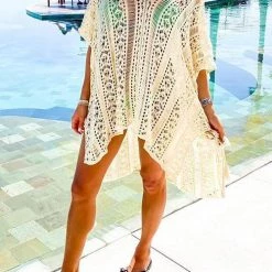 Levency New In Loose Hollow Half Sleeve V Neck Cover-Up