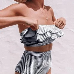 Levency New In Stripe Ruffles Bikini Set