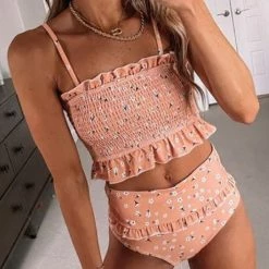 Levency New In Floral Print Ruffles Strapless Bikini Set