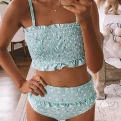 Levency New In Floral Print Ruffles Strapless Bikini Set