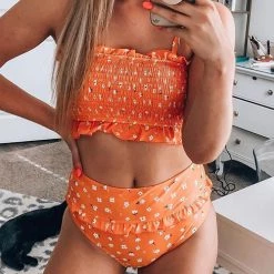 Levency New In Floral Print Ruffles Strapless Bikini Set