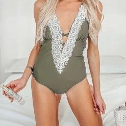 Levency Lace Patchwork Backless One Piece Swimwear