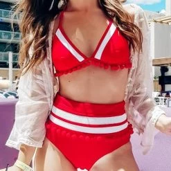 Levency Star Pom Pom Mesh Patchwork Bikini Set