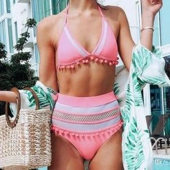 Levency Star Pom Pom Mesh Patchwork Bikini Set