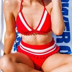 Levency Star Pom Pom Mesh Patchwork Bikini Set