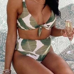Levency Leaf Print Knot High Waist Bikini Set New In