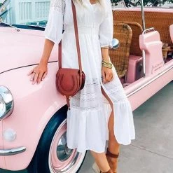 Levency Lace Patchwork Button Cover Dress