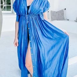 Levency New In Button Drawstring Waist Bat Maxi Cover Dress