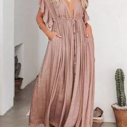 Levency New In Button Drawstring Waist Bat Maxi Cover Dress