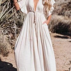 Levency New In Button Drawstring Waist Bat Maxi Cover Dress