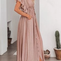 Levency New In Button Drawstring Waist Bat Maxi Cover Dress